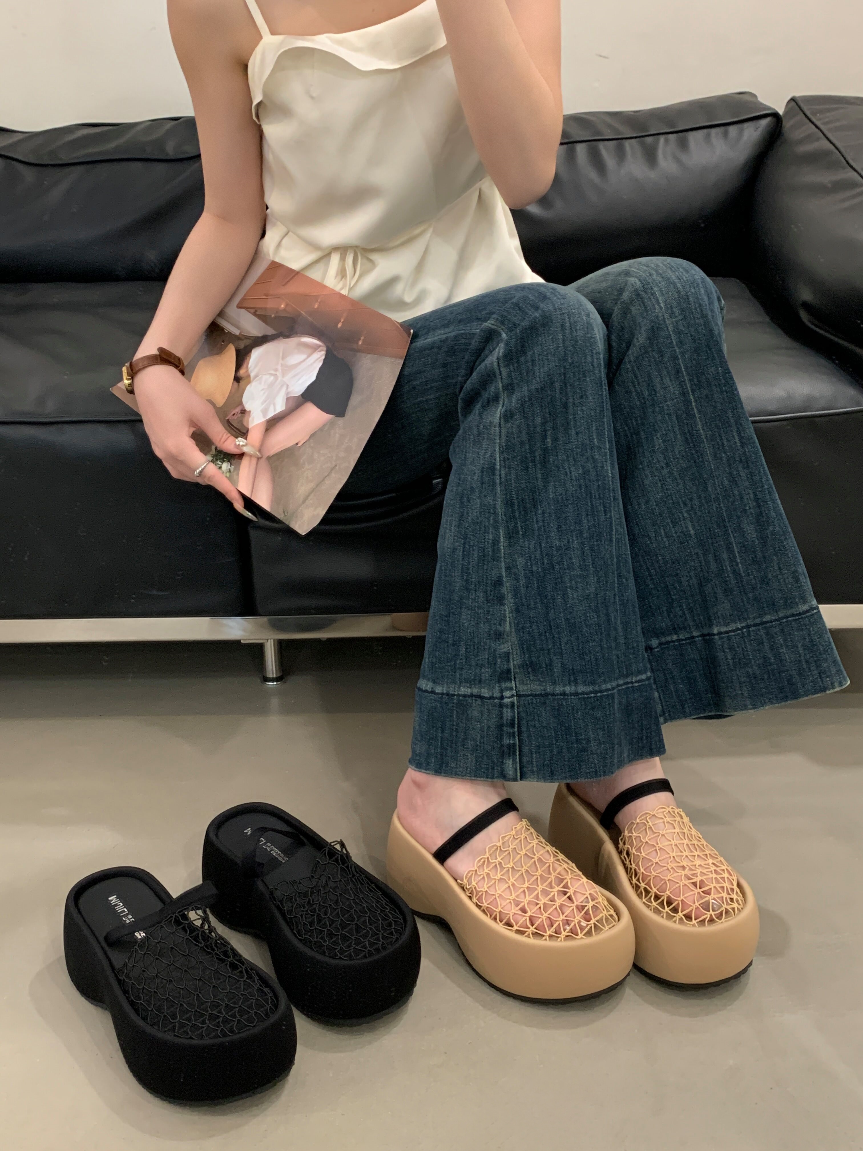 X-32596# 小众设计感夏季新款镂空一字带包拖厚底渔网凉拖鞋女 鞋子批发女鞋批发