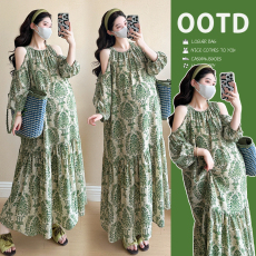 批发实拍法式绿色碎花露肩<b class='q'>连衣裙</b>新款慵懒度假风森系爆款<b class='q'>孕妇</b><b class='q'>长裙</b>