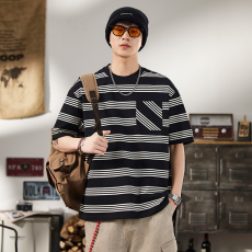 批发实拍2025夏季新款潮牌条纹短袖t恤男宽松百搭舒适简约韩版圆领T恤