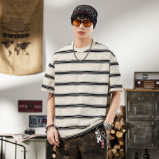 批发实拍2025夏季新款美式潮牌复古蜡染条纹短袖t恤男宽松百搭圆领T恤