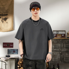 批发实拍夏季新款美式潮牌短袖t恤男百搭弹力舒适简约拼接撞色圆领T恤