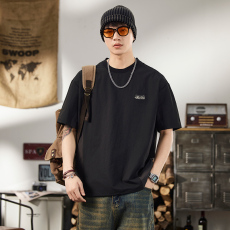 批发实拍2025夏季美式潮牌短袖t恤男百搭弹力舒适简约拼接韩版圆领T恤