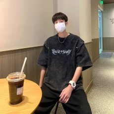 批发复古水洗做旧字母印花短袖T恤男女<b class='q'>嘻哈</b>宽松纯棉圆领半袖上衣ins潮