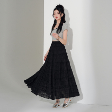 批发实拍新款显瘦<b class='q'>百搭</b>雪纺半身裙超大摆女花边长款蛋糕半身裙