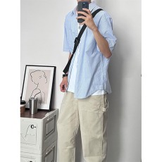 批发日系复古蓝条纹<b class='q'>衬衫</b>男夏季时尚潮牌cityboy短袖少年感<b class='q'>牛津纺</b><b class='q'>衬衣</b>