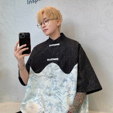 批发新中式国风短袖衬衫男女同款2025夏季提花小众宽松中山装衬衣外套