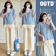 实拍2026新款孕妇装气质短袖夏装蕾丝花边甜美减龄格子上衣