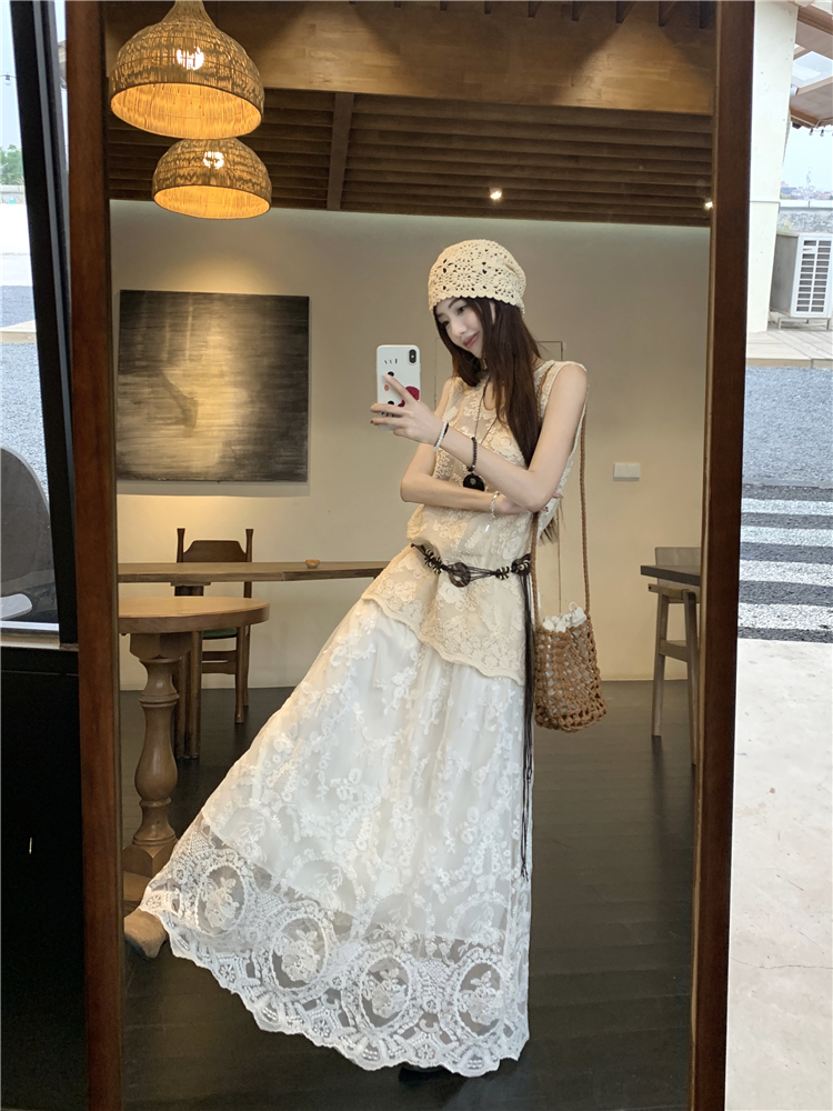 실사 정가 라운드 넥 자수 홀로우 아웃 민소매 맨위 레이스 레이스 반신 스커트 레트로 벨트 3종 세트