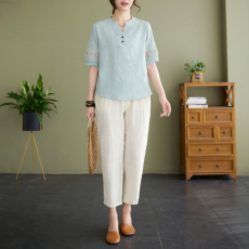 批发2025<b class='q'>夏</b>装新款中老年妈妈棉麻短袖套装洋气亚麻纯棉新中式国风上衣