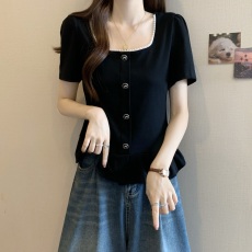 批发大码胖MM正肩短袖衬衫女<b class='q'>夏</b>季设计感方领法式微胖mm黑色显瘦上衣