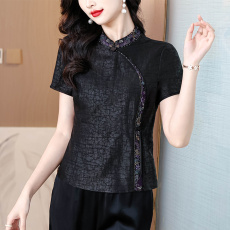 批发2026新款女士高端香云纱真丝上衣桑蚕丝<b class='q'>夏</b>季短袖国风新中式<b class='q'>妈妈装</b>