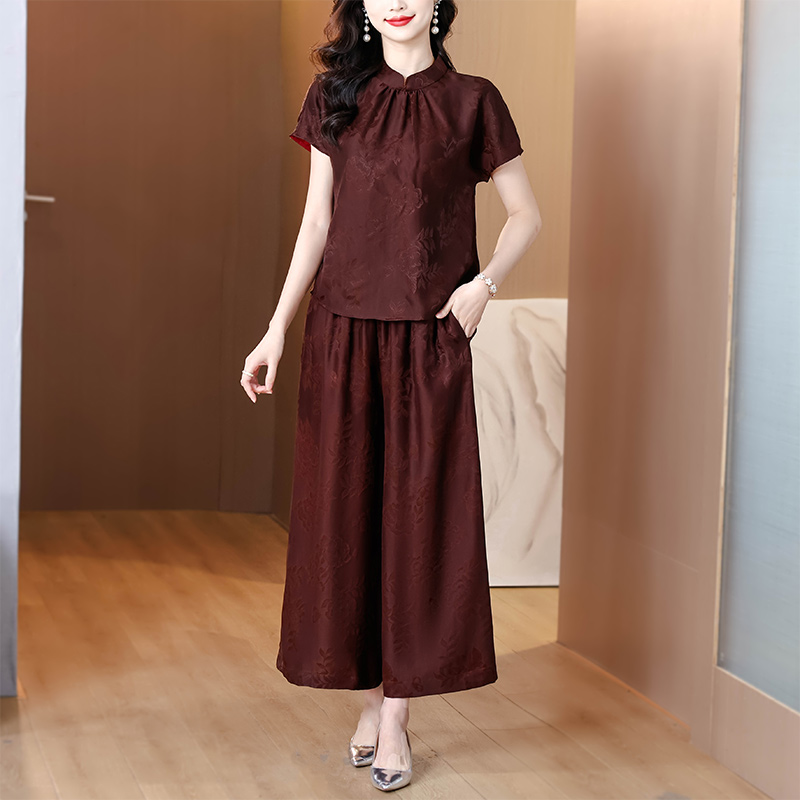 MY8017# 新款高端香云纱真丝桑蚕丝上衣女士套装杭州中式国风妈妈褶皱女裝貨源服裝批發