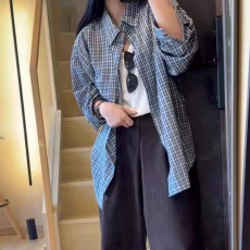批发<b class='q'>韩版</b>蓝色格子衬衫女春秋2026新款慵懒风衬衣宽松显瘦上衣