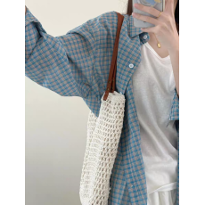 批发蓝色<b class='q'>格子</b><b class='q'>衬衫</b>女新款春秋慵懒风休闲宽松<b class='q'>衬衣</b>外套上衣