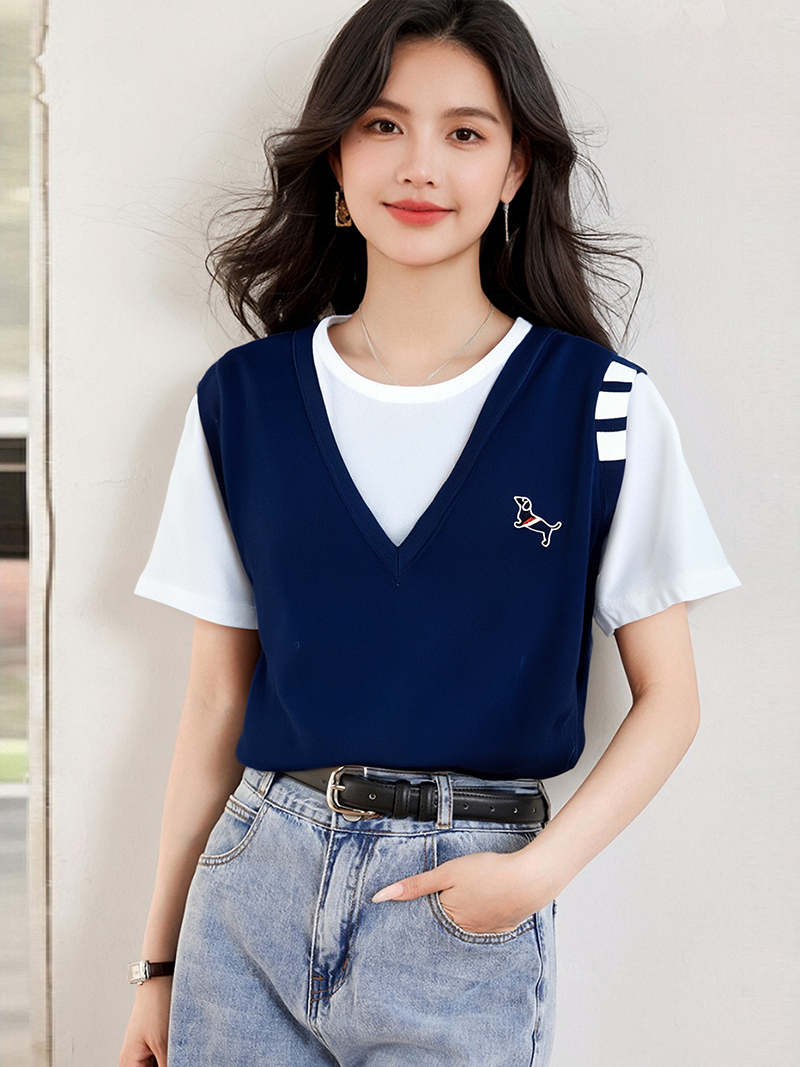 실사 2026 여름 새로운 미니멀리즘 다용도 배색 반팔 티셔츠 여성 강아지 자수 페이크 레이어드 니트 스웨터