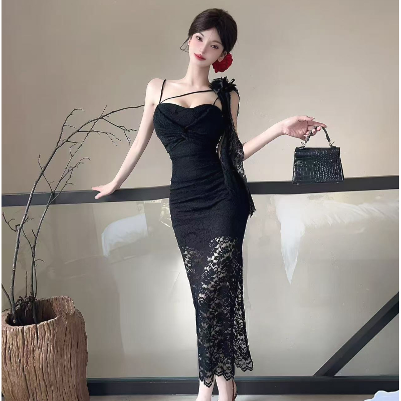 FA35287# 性感一字肩蕾丝花朵吊带连衣裙中长款开叉包臀礼服裙 服裝批發女裝批發服飾貨源
