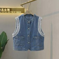 批发现货欧货别致蕾丝花边浅色叠穿文艺单排扣<b class='q'>牛仔</b><b class='q'>马甲</b>无袖<b class='q'>背心</b>女2025