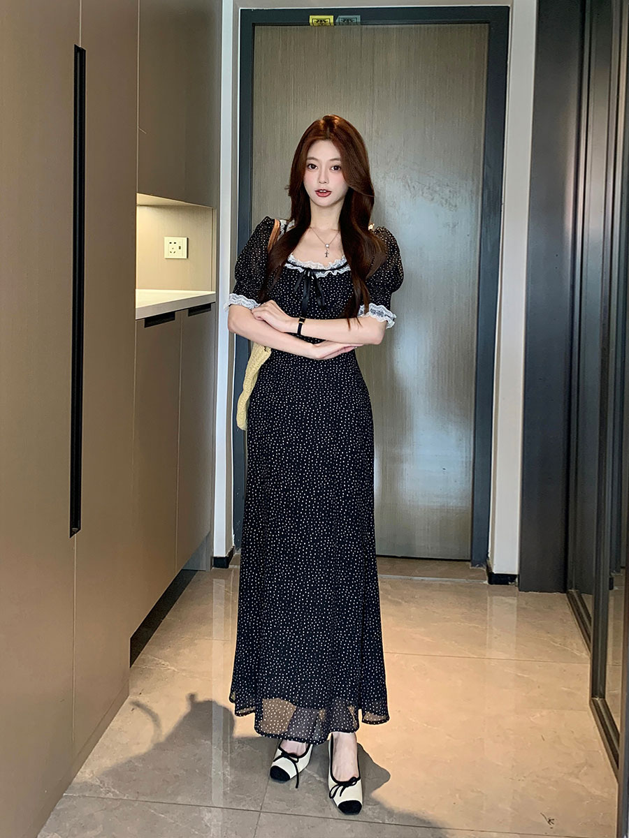 MY4984# 大码女装黑色波点连衣裙女胖MM花瓣韩系chic别致穿搭长裙女女裝貨源服裝批發