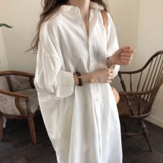 批发2026韩国慵懒风简约时尚<b class='q'>超长</b>款过膝衬衣女装纯色翻领<b class='q'>开衫</b>衬衫