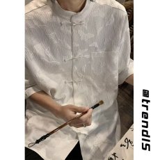 批发新中式中国风<b class='q'>男</b>装短袖衬衫夏季高级感痞帅中山立领<b class='q'>唐装</b>5分袖衬衣