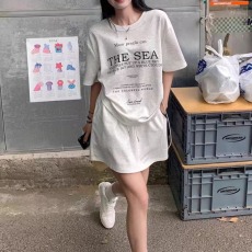 批发<b class='q'>韩版</b>休闲运动风套装女夏季宽松减龄抽绳短袖包臀A字短裙两件套潮