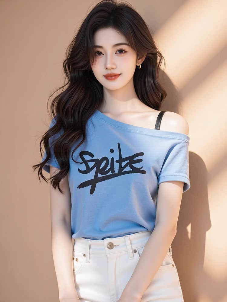 FA24042# 春夏独特别致辣妹露肩印花绝美上衣设计感小众蓝色吊带短袖t恤女