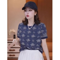 批发夏日复古休闲风提花小众短袖针织衫<b class='q'>T</b><b class='q'>恤</b>女法式遮肉显瘦圆领短上衣