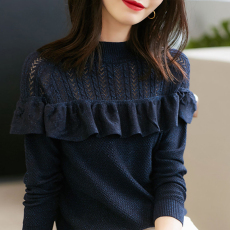 批发2026春秋新款如宝石般璀璨圆领微镂空荷叶边显白显瘦针织衫上衣女