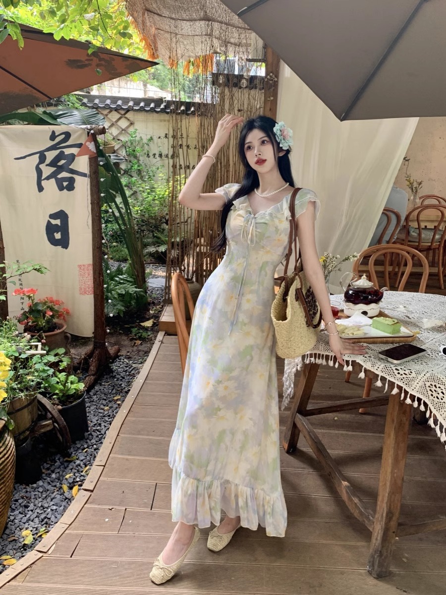 프릴 꽃무늬 쉬폰 마이크로 지방 mm 차 휴식 프랑스식 고급 센스 달콤함 꽃무늬 여성 드레스 해변가 휴가 바람