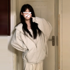 批发已出货美式灰色连帽<b class='q'>卫衣</b>外套女春秋慵懒风宽松长袖<b class='q'>开衫</b>拉链上衣