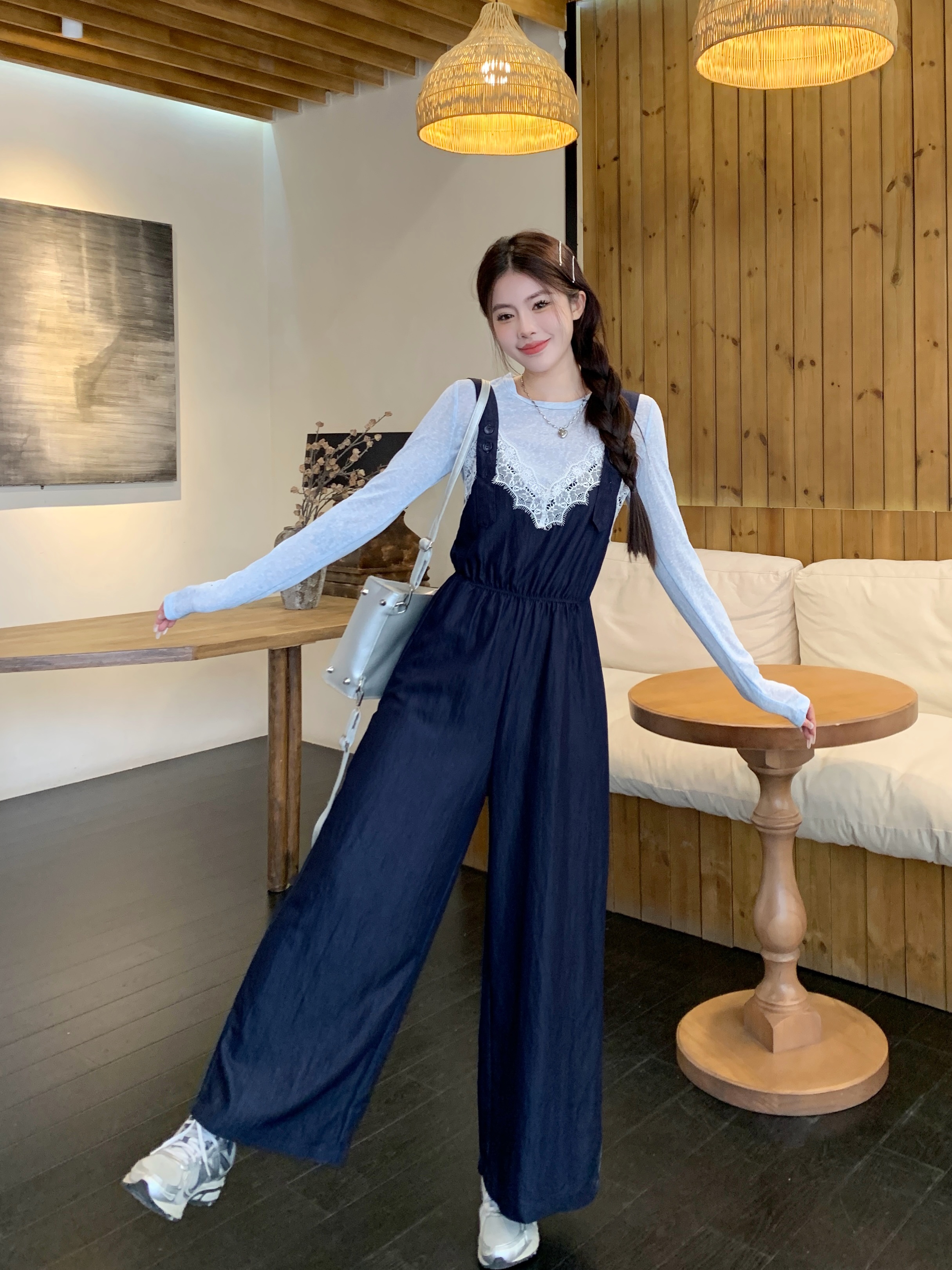 실사 빅 사이즈 레이스 조각 점프 슈트 새로운 스택 착용 멜빵 하이웨이스트 넓은 다리 슬림해 보이는 캐주얼 단추 긴 바지