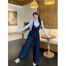 批发实拍<b class='q'>大码</b>蕾丝拼接连体裤女新款叠穿背带高腰阔腿显瘦休闲纽扣<b class='q'>长裤</b>