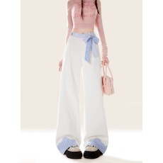 批发白色格子绑带卷边牛仔裤<b class='q'>女</b>2025新款春秋季设计感拖地直筒阔腿裤子