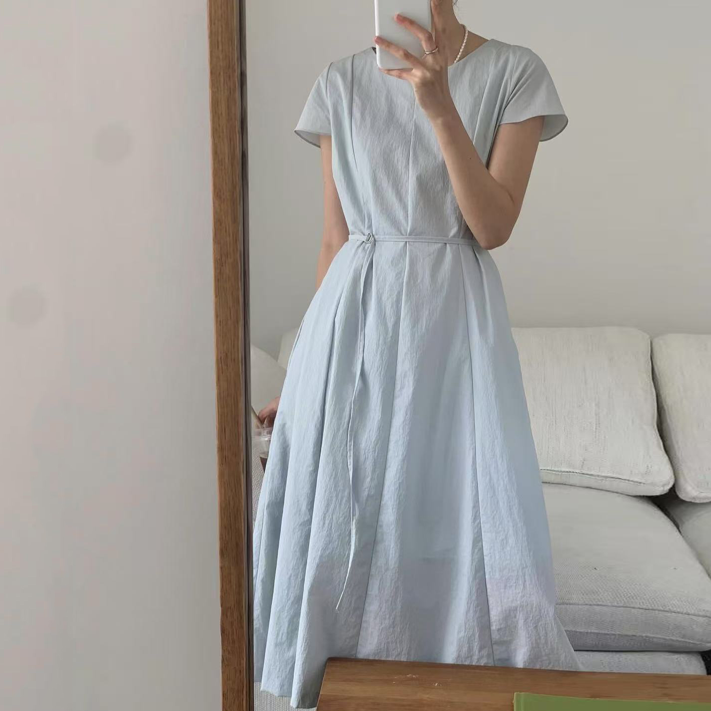 크기 있음 업데이트 한 부서 미니멀리즘 여름 차가운 센스 라운드 넥 레이스업 허리 수축 롱 코트 드레스