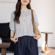 批发限价+12+小视频  2026夏季气质条纹短袖<b class='q'>衬衫</b>女新款圆领宽松小衫