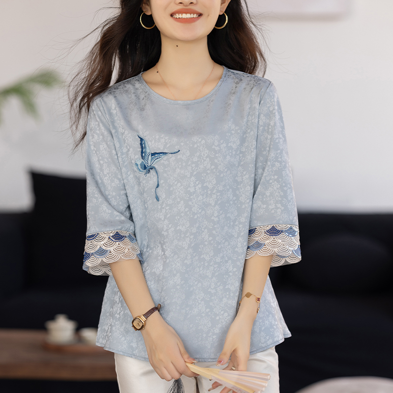MY5166# 七分袖新中式刺绣提花雪纺夏季气质国风衬衫女裝貨源服裝批發
