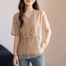 批发限价+12+小视频  雪纺<b class='q'>衬衫</b>装夏季2026年新款洋气中长v领小衫短袖