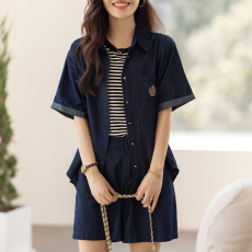批发限价+12+小视频  牛仔套装夏季小马刺绣短袖<b class='q'>衬衫</b>松紧短裤两件套