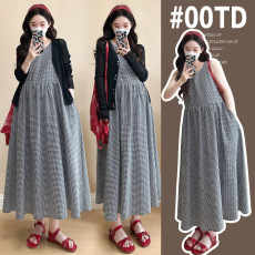 批发实拍新款韩版孕妇夏装经典纯棉格子孕妇背心裙＋防晒衣两件套