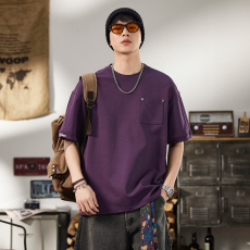 批发实拍夏季新款美式潮牌重磅短袖t恤男简约贴袋百搭弹力舒适圆领T恤