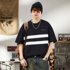 批发实拍夏季新款美式潮牌拼接条纹短袖t恤男百搭弹力舒适简约圆领t恤