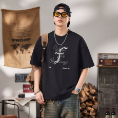 批发实拍夏季新款美式潮牌短袖t恤男百搭弹力舒适简约韩版圆领印花t恤