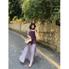 批发实拍实价 法式度假风紫色波点<b class='q'>雪纺</b><b class='q'>吊带</b>衫+花朵挂脖+百褶半身裙