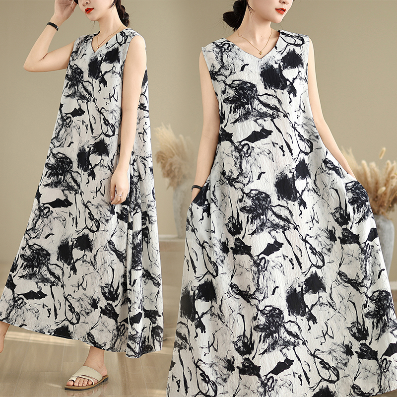 MY5082# 新款胖MM大码简约无袖V领背心式收腰长款连衣裙女裝貨源服裝批發