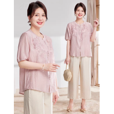 批发<b class='q'>妈妈装</b>洋气棉麻套装2026夏新款中老年人女中式国风短袖刺绣两件套