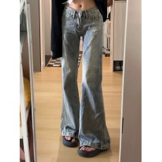批发小个子牛仔裤<b class='q'>女</b>vibe美式拼接收腰显瘦垂感微喇直筒裤子百搭拖地裤