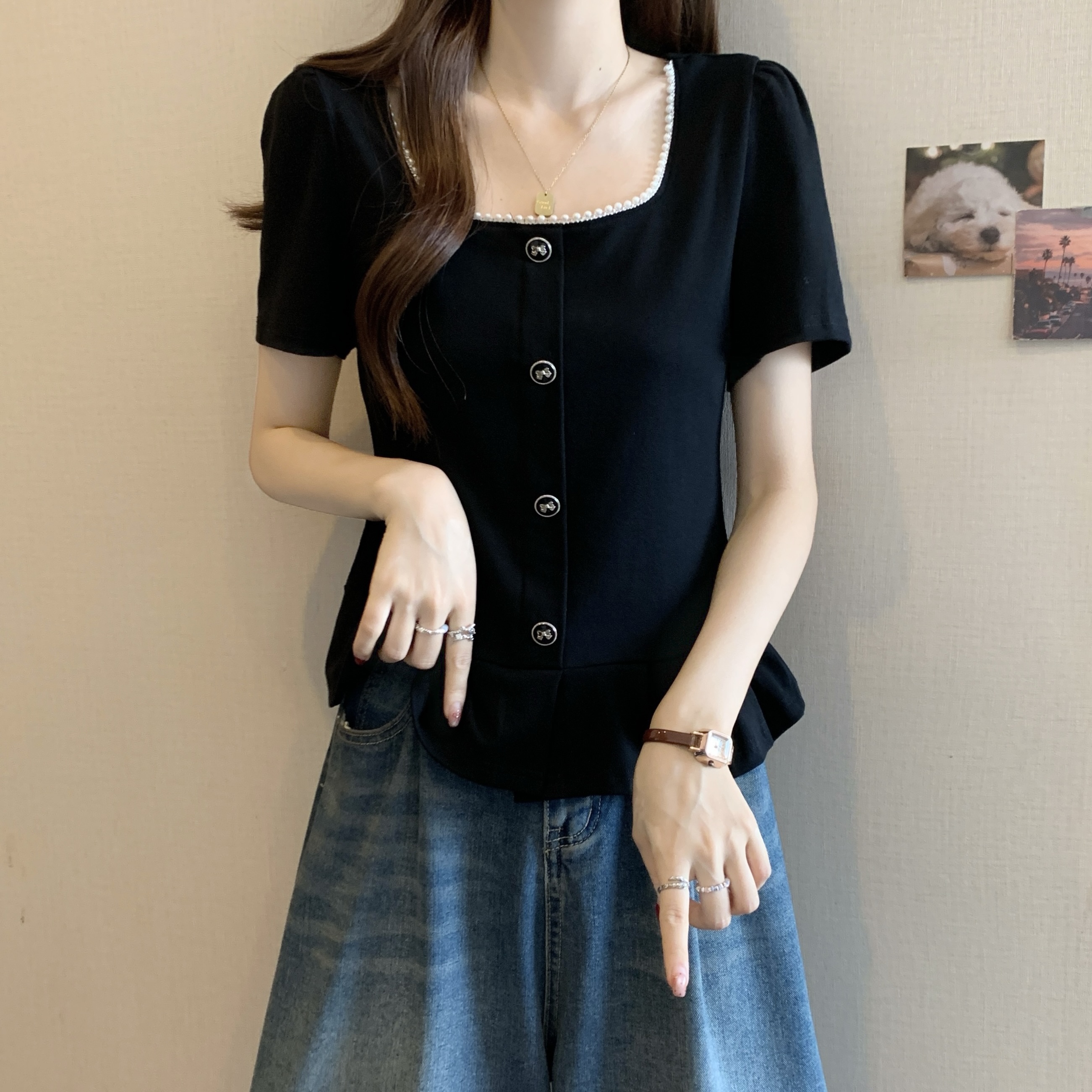 빅 사이즈 지방 mm 긍정적 인 어깨 반팔 여성 셔츠 여름 디자인 센스 광장 칼라 프랑스식 마이크로 지방 mm 검정색 슬림해 보이는 맨위