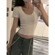 批发白色正肩U领辣妹针织短袖<b class='q'>t</b><b class='q'>恤</b>女夏季设计感收腰露脐短款打底衫上衣