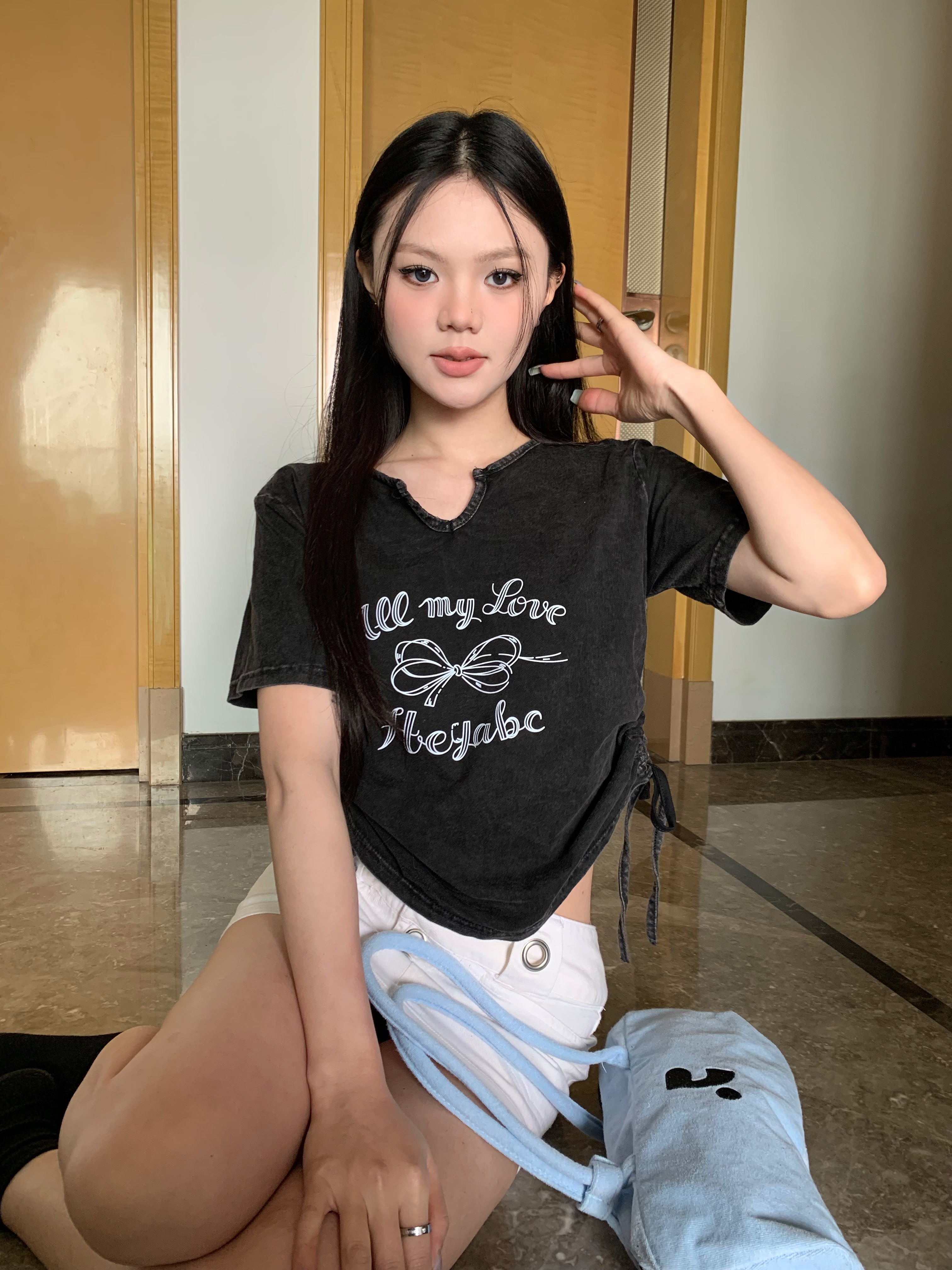 실사 정가 아메리칸 레트로 높음 거리 디자인 센스 마 오래된 워싱 핫걸 짧은 펌프 로프 티셔츠