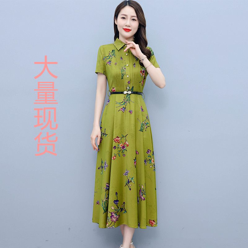 MY6933# 夏季新款重磅醋酸缎面真丝印花百搭连衣裙女中长裙女裝貨源服裝批發